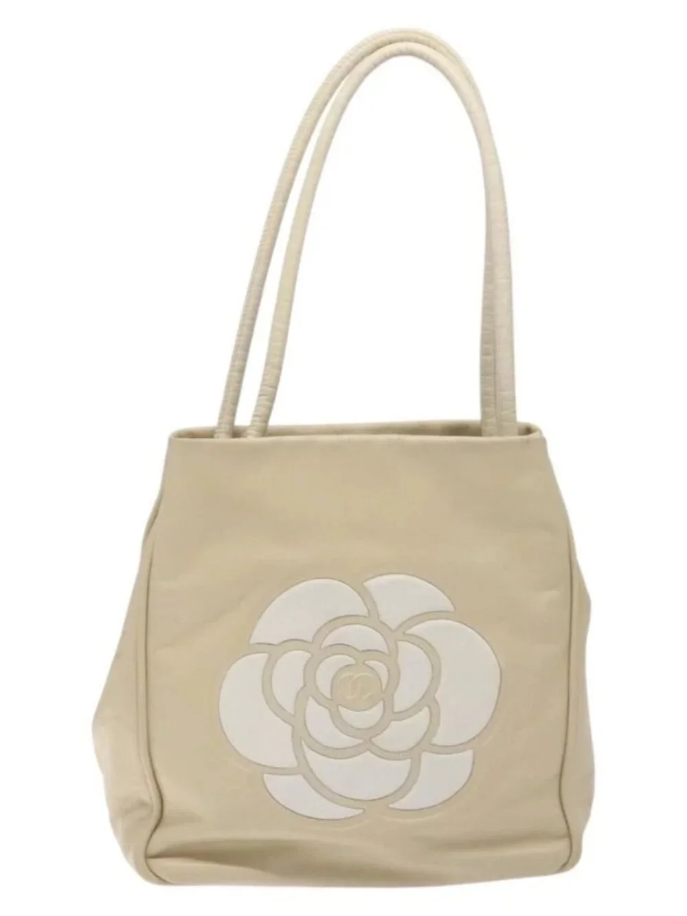 CHANEL Camelia Shoulder Bag Leather Ivory CC Auth 127482